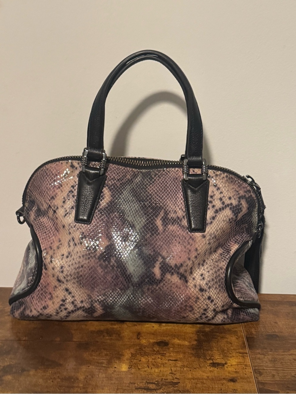 Aimee Kestenberg Snake-Print Dome Satchel Handbag in Blush Black